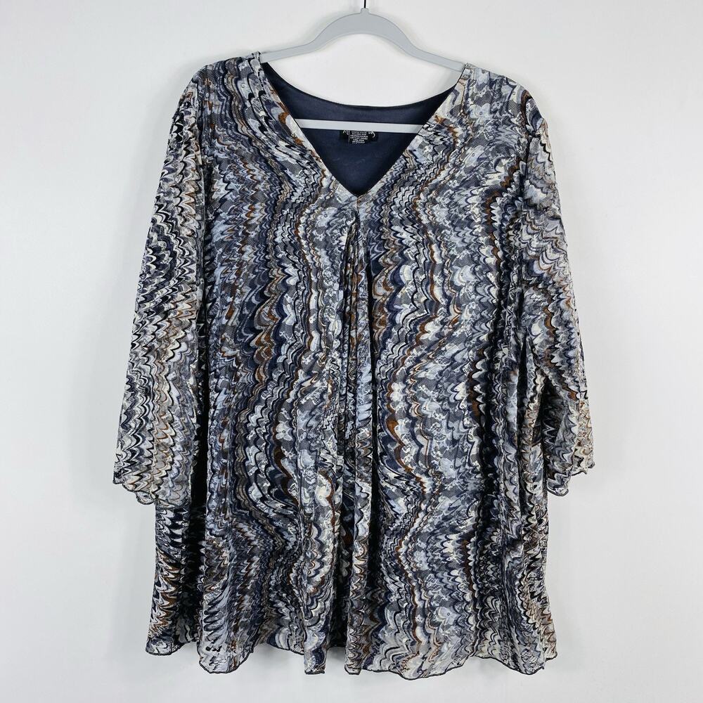 Maggie Barnes Top 2X 22 24 Lace 3/4 Sleeve V-Neck Blouse Gray